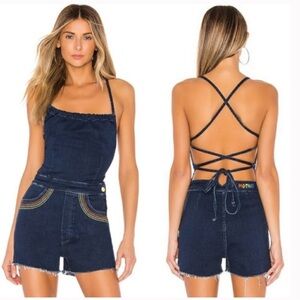 Mother The Tie Back Hustler Short Fray Romper in Over The Rainbow Blue Rare